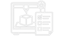 A minimalist white line icon depicting a 3D printer printing a cube next to a checklist document, set against a solid black background.