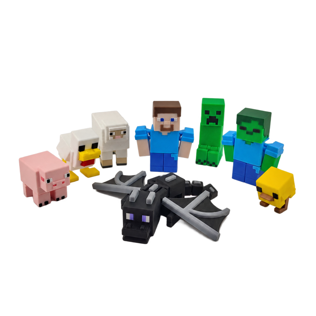 A set of Minecraft-themed toy figurines and small blocks arranged on a plain white background. The set includes a Steve character, a creeper, a zombie, a pig, a chicken, a sheep, a yellow chick, and a black-and-gray dragon.