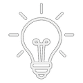 A minimalist black line icon of a light bulb with radiating rays, centered on a solid white background.
