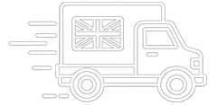 A minimalist black outline icon of a delivery truck with motion lines and a Union Jack flag on the cargo area, centered on a plain white background.