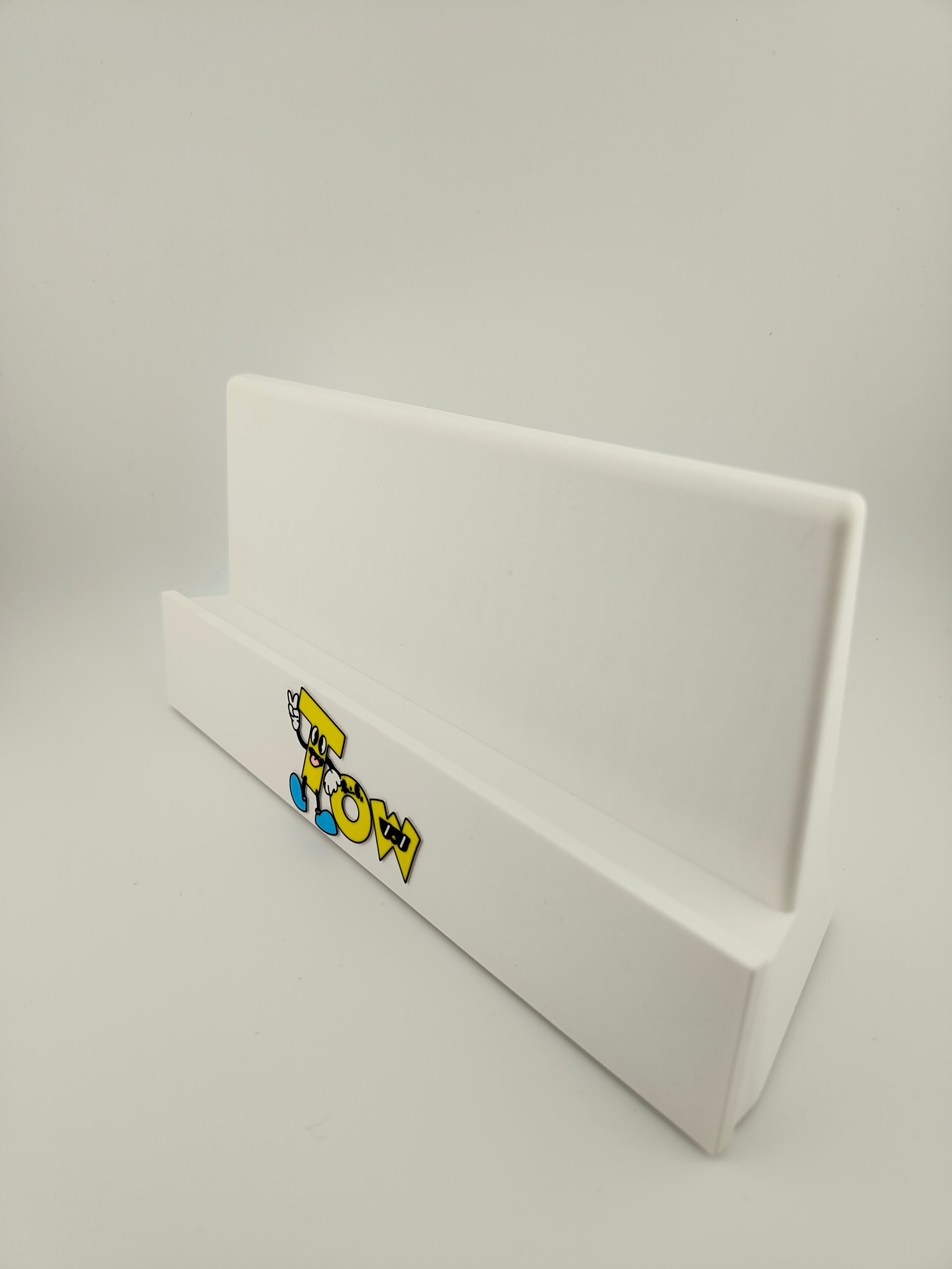 white trading card display stand with company logo