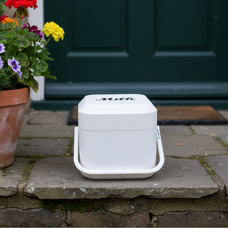 White milk container on a stone step with potted flowers and a green door in the background
